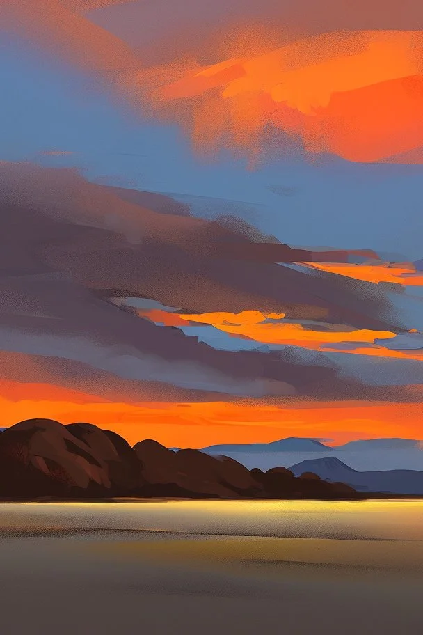 a paint of big rock mountains with and orange dawn sky