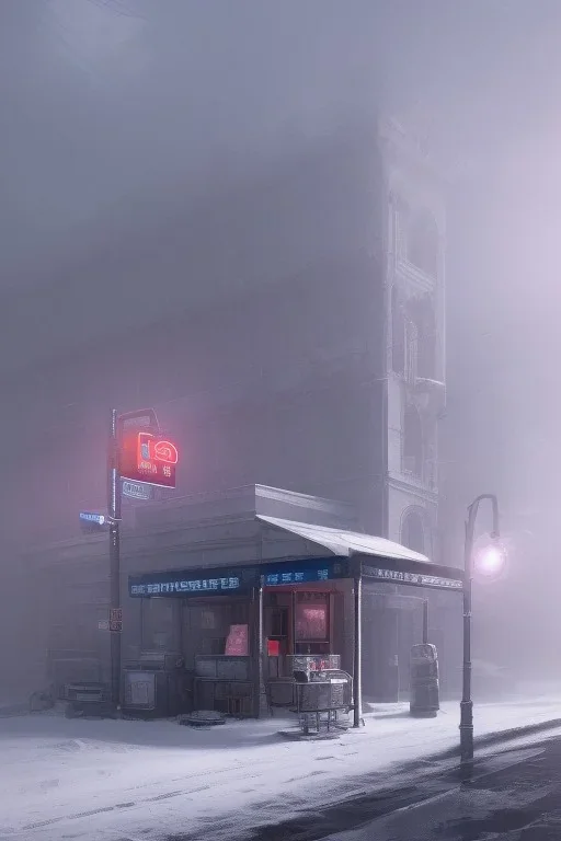 nostalgic blue convenience store snow storm heavy fog, 8k resolution, high-quality, fine-detail, digital art, detailed matte, volumetric lighting, dynamic lighting, photorealistic