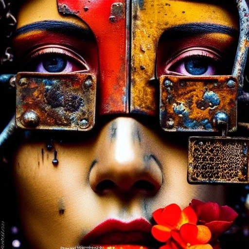 an abstract painting oil in canvas of rusted metal and flowers, Geisha portrait, rust, scaffolding, iron cladding, decay, mixed media, textured, anatomically correct, beautiful perfect face, sharp focus, highly detailed, BladeRunner movie poster, masterpiece, realistic, intricate detail, sci-fi fantasy style, volumetric lighting, particles, highly detailed ,cinamatic , deep colours, 8k, by Gustav Klimt