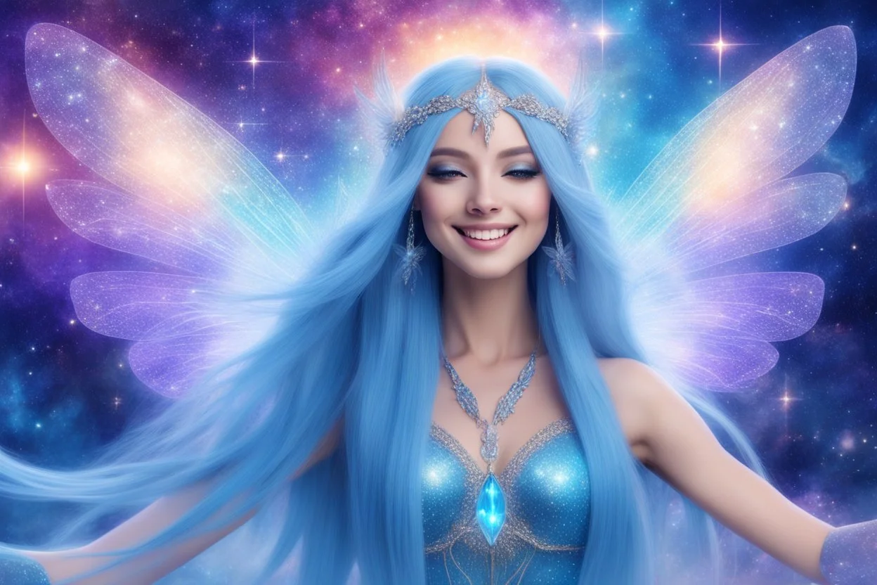 A beauty Fairy women with long blue straight hair, with a beautiful face. She has Crystal wings and sweety elegant smile.She Is a magic sacred dancer in cosmica ceremony..the background Is a magic coloured bright galaxy, with a stars. She Is so fine gentle and with grace