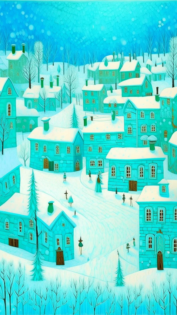 A cyan snowy Christmas themed town painted by Georges Seurat