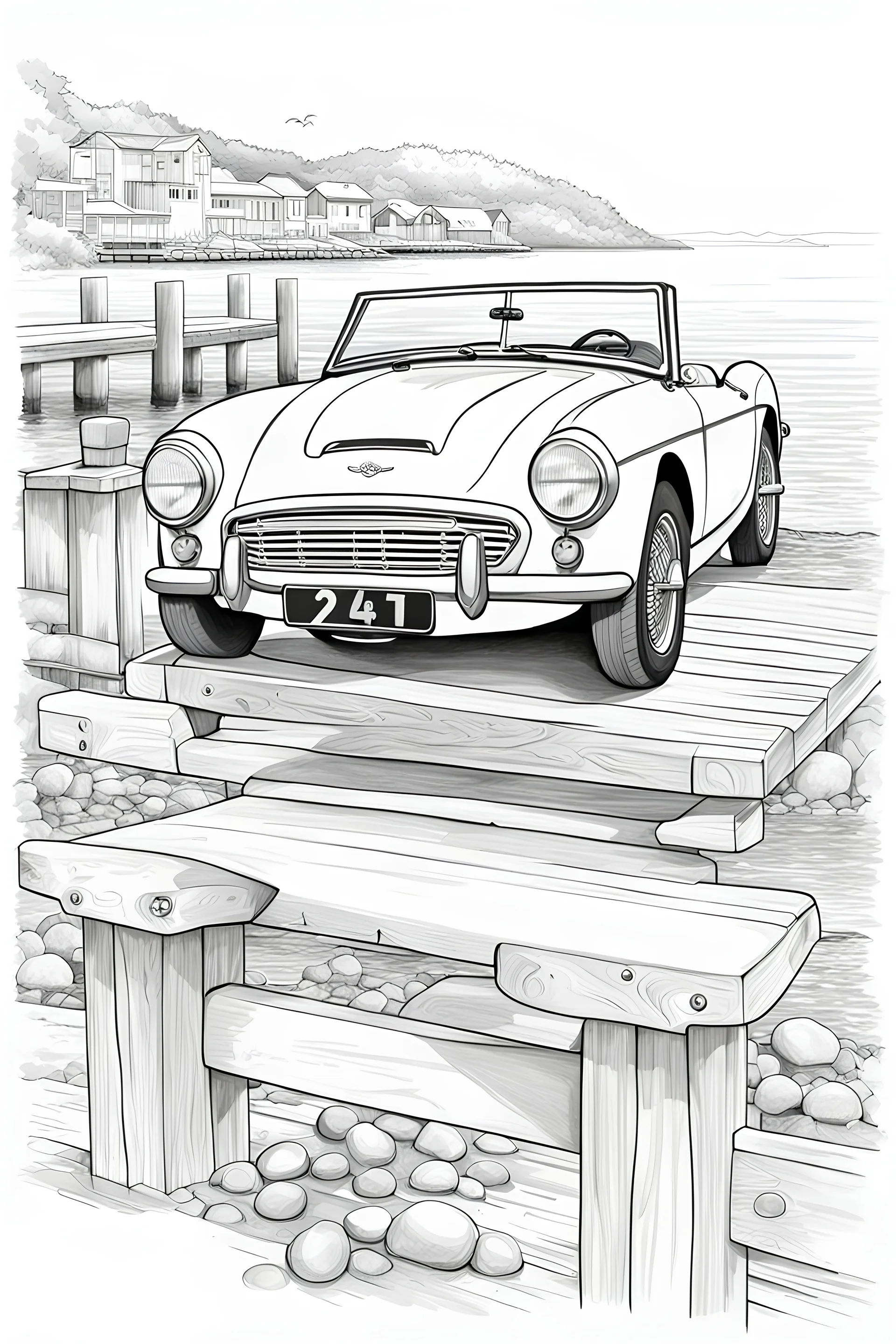 outline art for an adults coloring page, Austin-Healey Sprite at a Coastal Pier, white background, sketch style,no color , only use outline, clean art , white background, no shadows , no shades , clear well outlined, easy to color