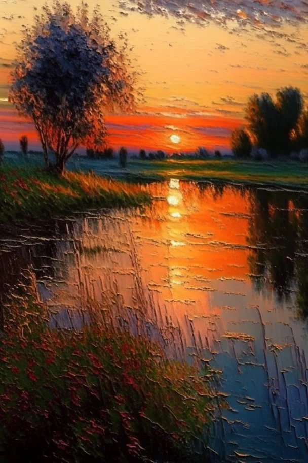 Landscape oil painting, detailed Claude Monet, detailed, sunset