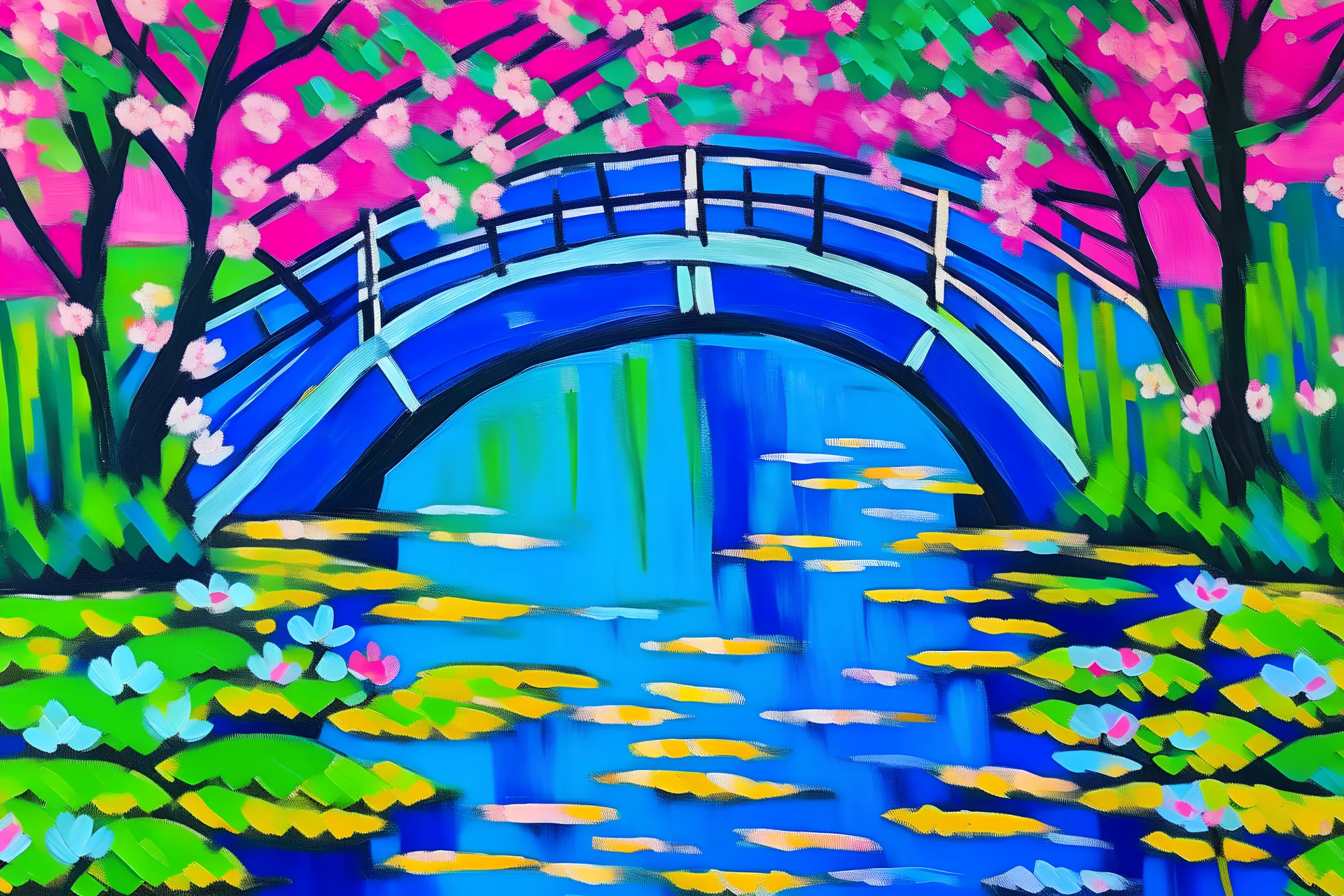 image of water lilies in the impressionism style, using acrylic strokes, featuring a bridge and a large cherry blossom tree