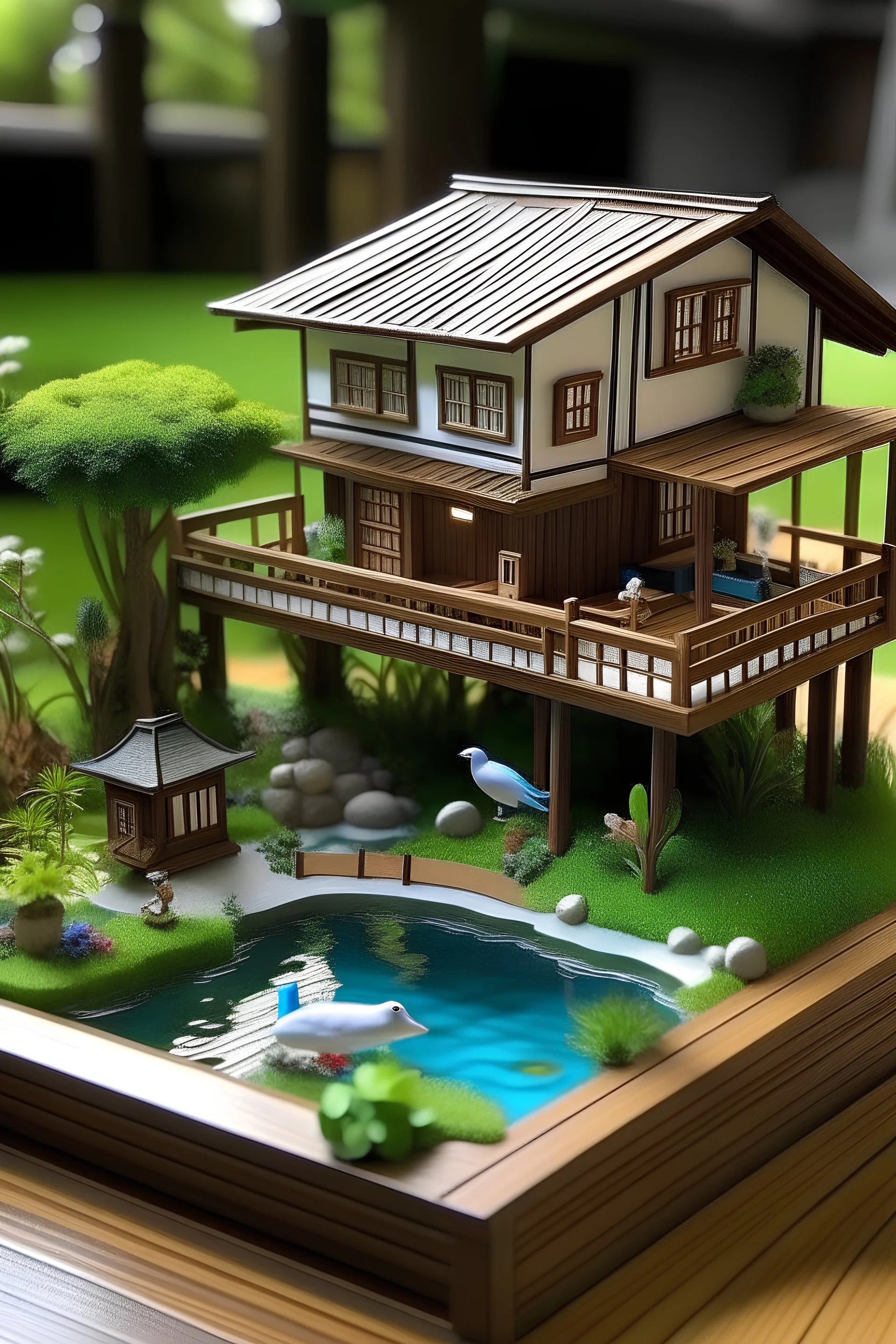 In side home model in water sliding with trees or birds in village