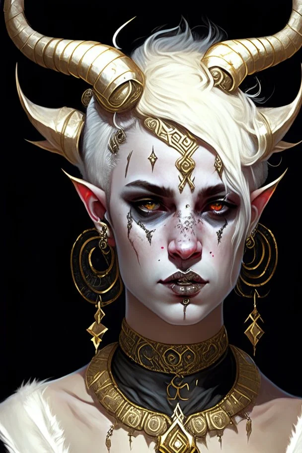 A young tiefling woman with a set of ram horns on her head encrusted with jewels, White-Blonde, short hair, black eyes, dressed in white and gold with lots of jewelry, beautiful, satanic tattoos on her neck,