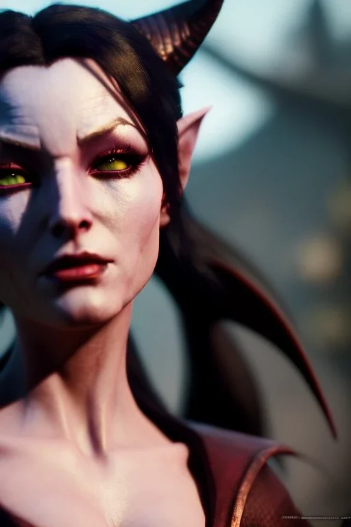 Female Tiefling rogue, demon horns, demon tail, ominous, facepaint, dnd character portrait, waist up portrait, intricate, oil on canvas, masterpiece, expert, insanely detailed, 4k resolution, retroanime style, cute big circular reflective eyes, cinematic smooth, intricate detail , soft smooth lighting, soft pastel colors, painted Renaissance style