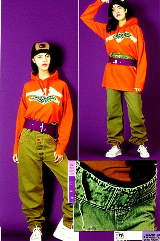 year 1999 women fashion, Techno, Loose, baggy, low waist Combat pants, t-shirt, new kind of hoodie with tippet! Colors: all denim colors, purple, khaki, light green, lilac, plum, orange, terracotta, red, pink, dark blue, beige. Patterns: lynx, balls, stripes. lynx belt. Something between camouflage and owl prints. Women models. Sharon Stone, Sandra Bullock, Winona Ryder, Milla Jovovich, Big tennis shoes on. Latex, denim and leather e.g. in Leg warmers.