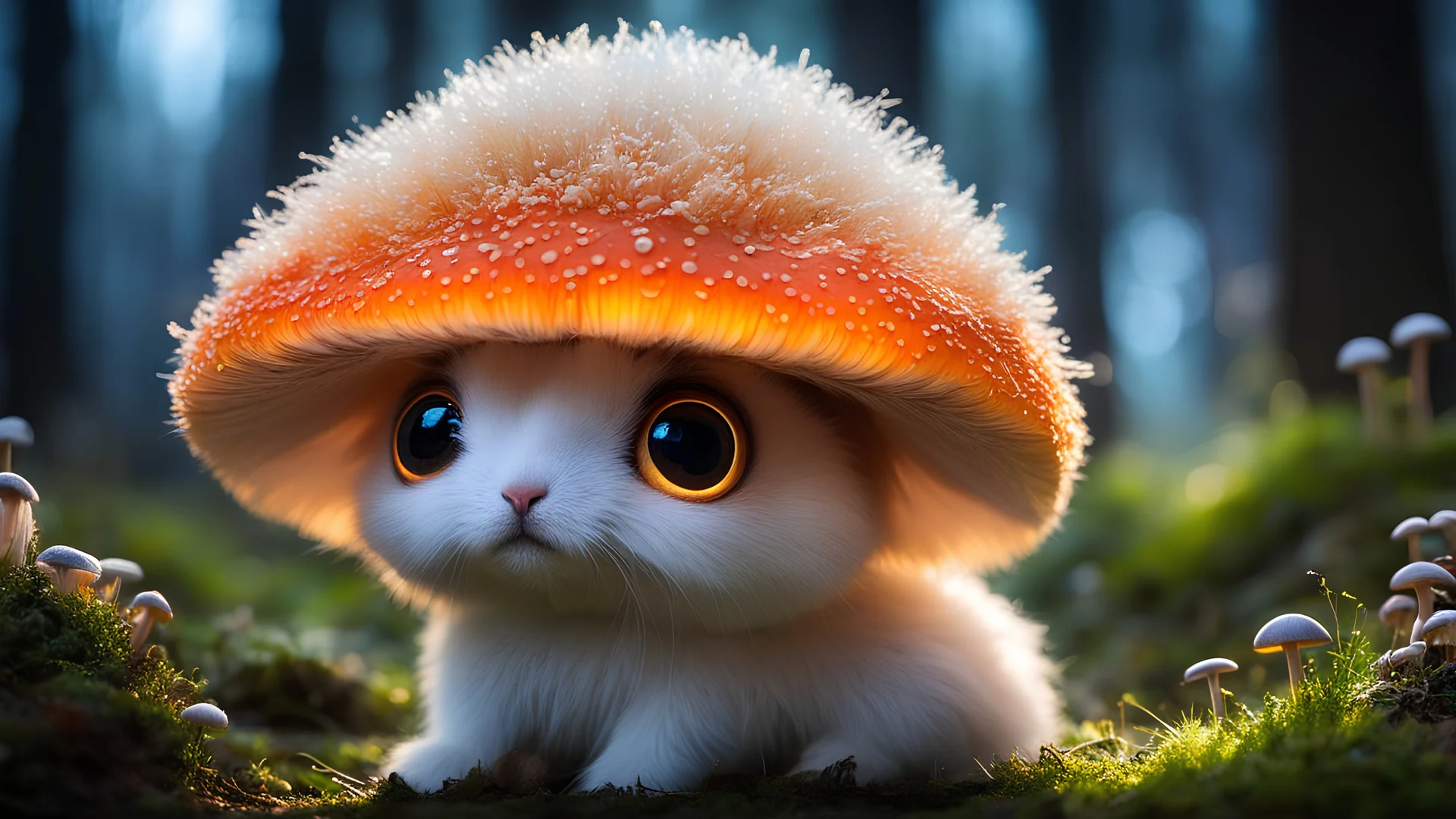 Mix the glowing-mushrooms, bunny and curly fur to create adorable magical creature with big glowing eyes, masterpiece, Surrealism, close-up, macro photo, f/1.2, backlighting, Albert Edelfelt, multicolored hair