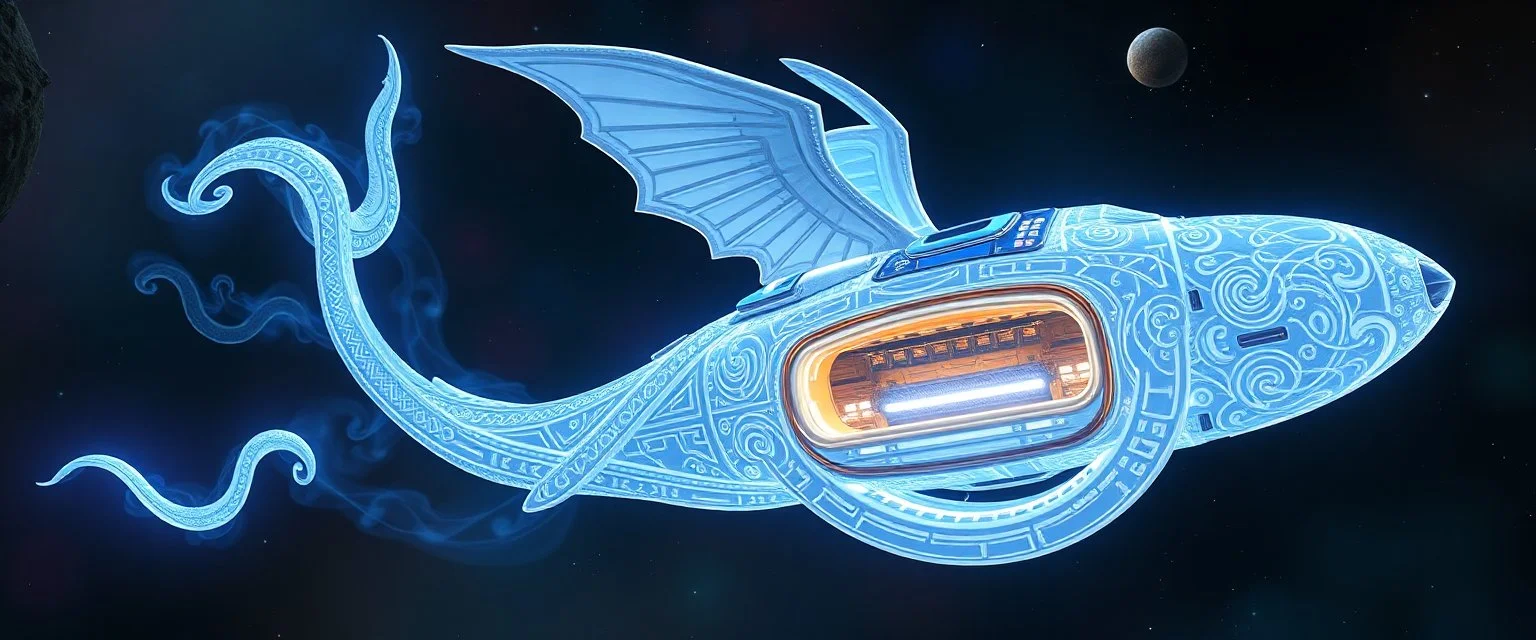 swirley whip tailed, celtic knot hollow tube transparent core ornate indented space ship, shiny bright mega ship flourescent white blue like bubble gum with a few big windows and decks, interdimensional twister, rock against colored spaced fog, space interior. split tail, winged serpent, glowing aura