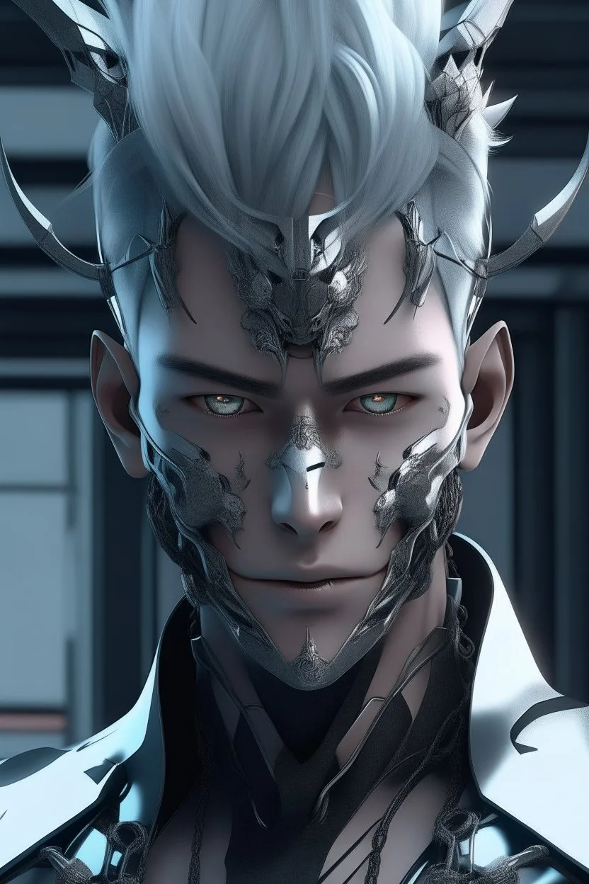 silver skinned anime Dragman cyberpunk with dragon mask in his eyes