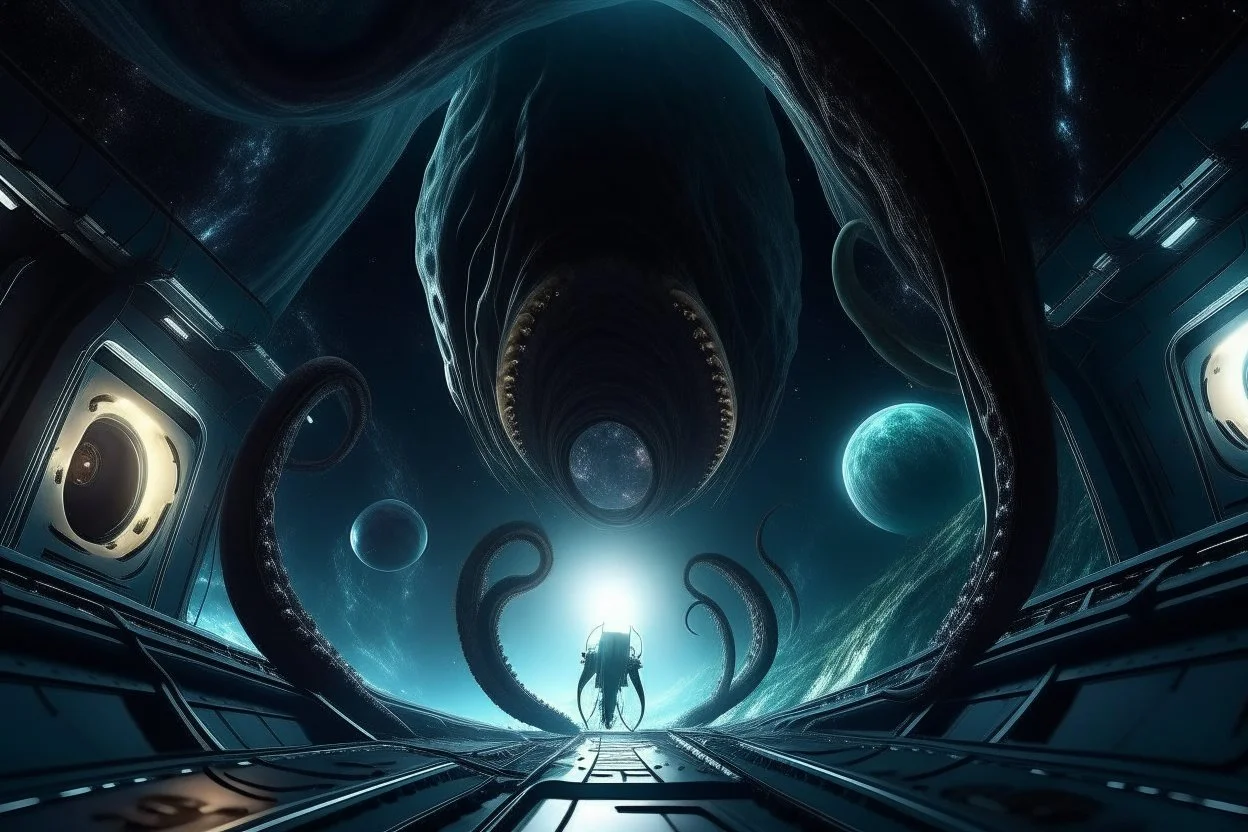 View from a spaceship into a natural event horizon void in space with enormous strange tentacled creatures flying around in the black