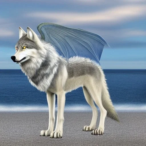 very cute realistic detailed wolf dragon with angel wings, ultra high resolution, realistic, standing in front of the ocean on the beach,