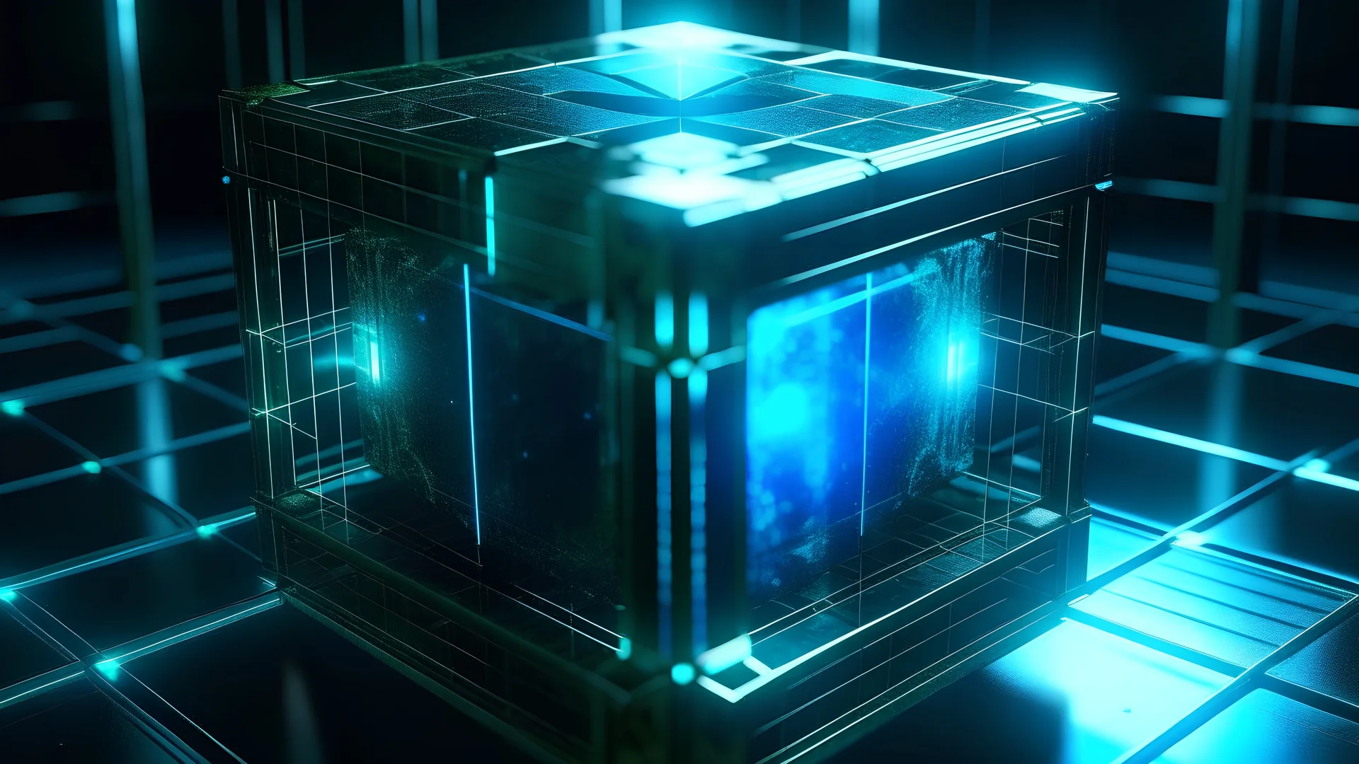 Cube tesseract from movie Loki. Located strictly in the middle of picture with space around it and with navy blue/green glow inside tesseract. Without surface on which it stay. Will be used for 404 error page.