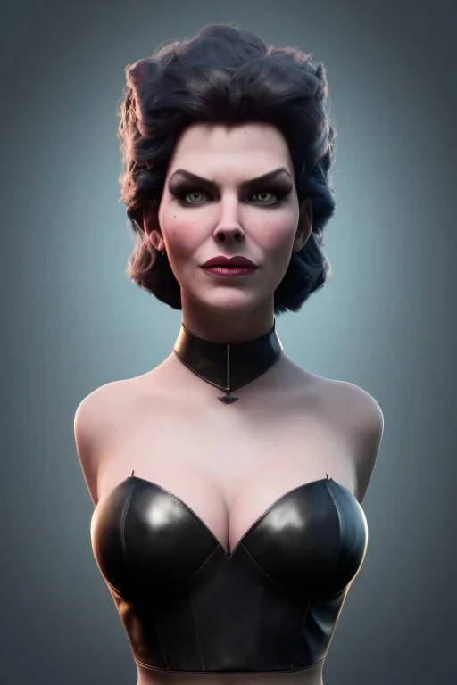 Hannah Waddingham as evil queen in black leather, busty, cleavage, voluptous, rebecca Welton, angry, stern look. character design by cory loftis, fenghua zhong, ryohei hase, ismail inceoglu and ruan jia. unreal engine 5, artistic lighting, highly detailed, photorealistic, fantasy