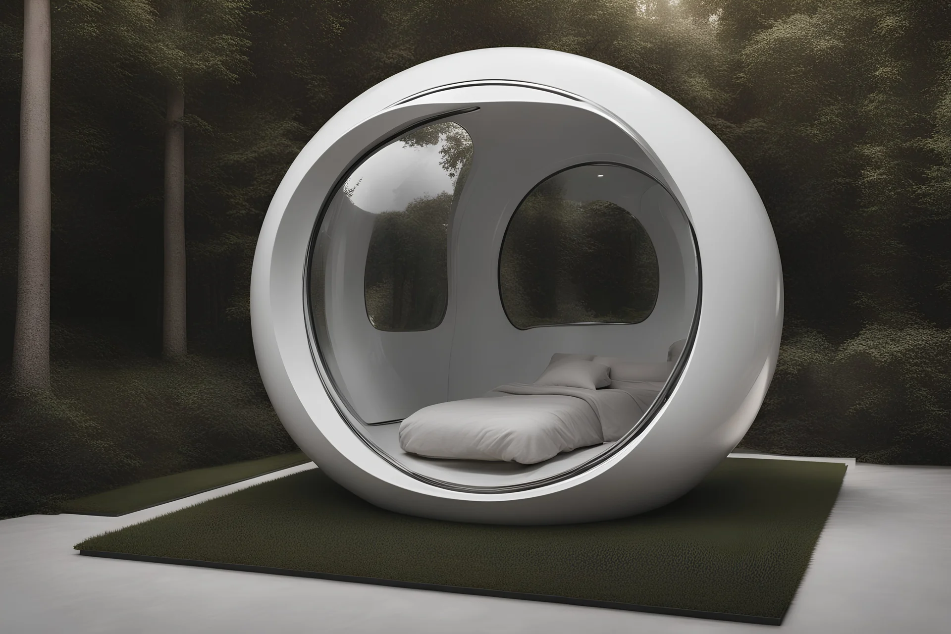 realistic photograph futuristic pod, ceramic aluminum orb pod with window. white walls and hands.