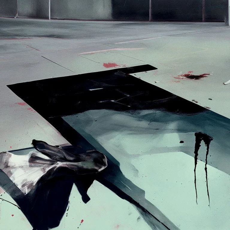 Minimal abstract oil paintings desolate 1960s carpark concrete fragments and naked bodies. style of Justin Mortimer and Francis Bacon. road markings.