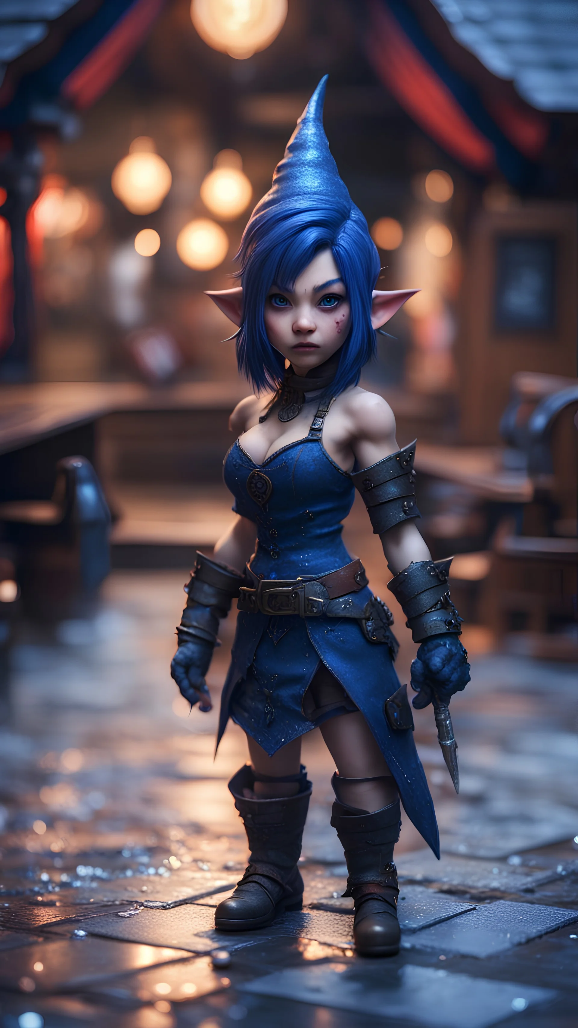 full figure with metallic stone gauntlets holding dark blue jagged dagger, standing on wet tiled floor outside fantasy tavern, focused female asian vampire gnome from worms armageddon wearing makeup, bokeh like f/0.8, tilt-shift lens 8k, high detail, smooth render, down-light, unreal engine, prize winning