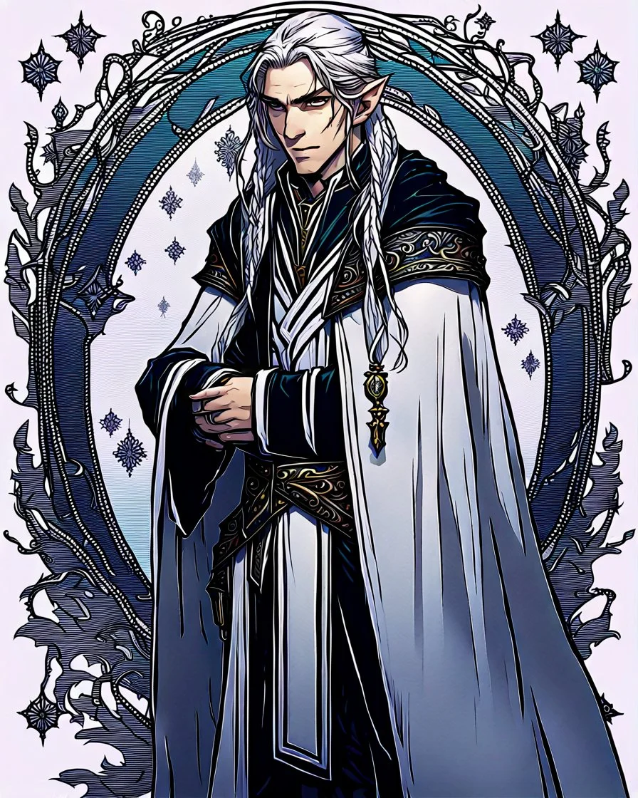 a young High Elf frost Wizard with long wiry hair, wearing a black trimmed white nobleman's robe and frost ornaments on clothes, with a small weasel on his shoulder