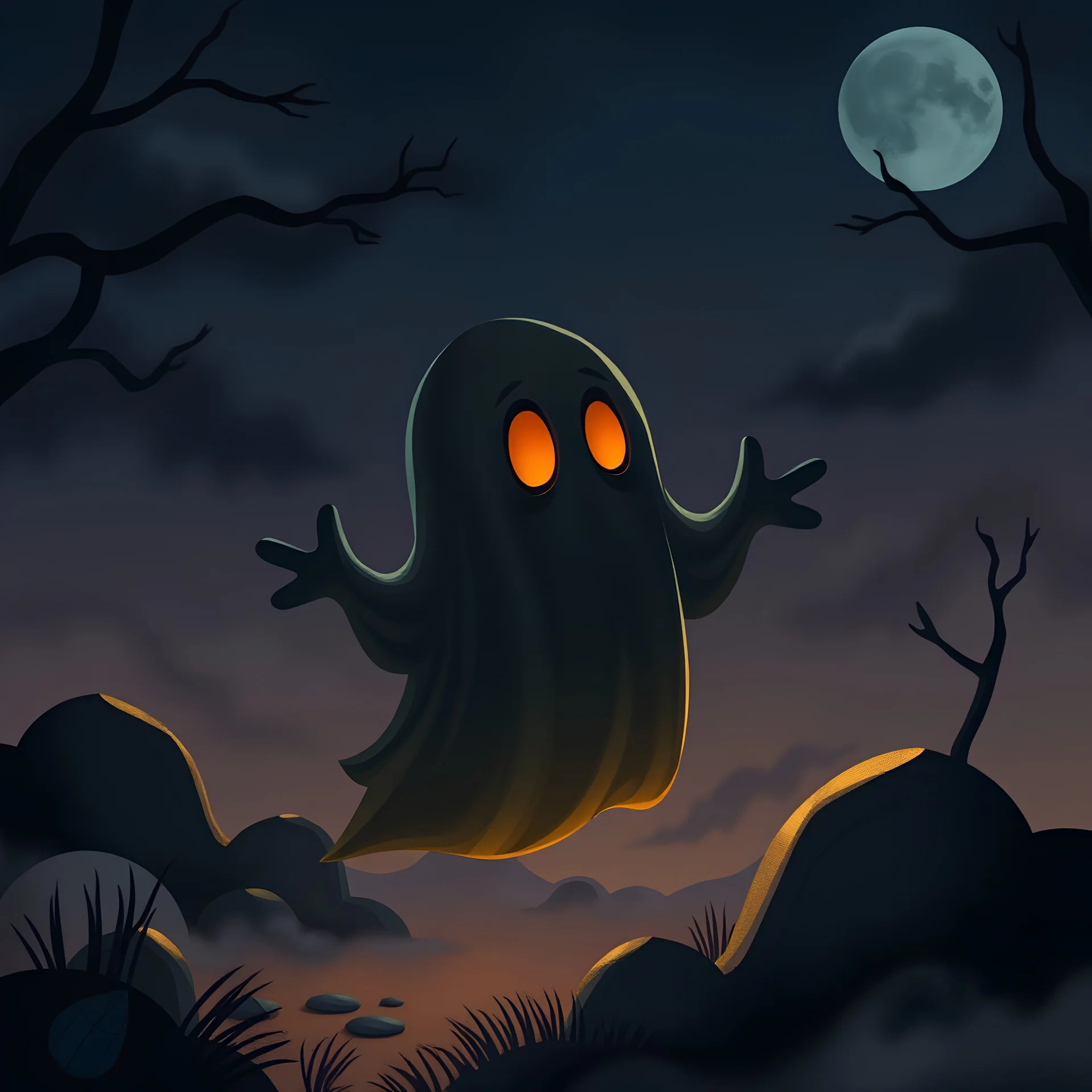 Cartoon whimsical fantasy nighttime black ghost made of shadows and gas with orange eyes