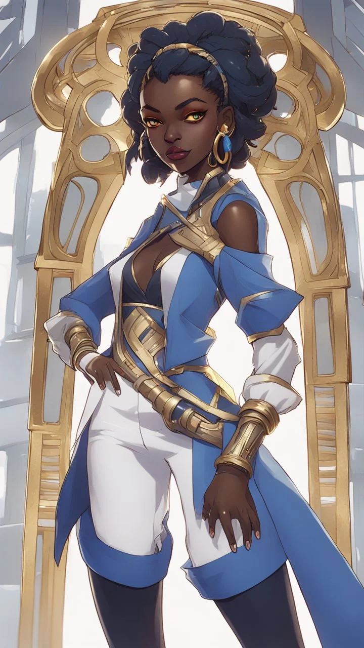 sci-fi, arcane animation series style, league of legends, Solo, 1girl, attractive female with freckles, african, dark skin, golden eyes, dark hair, braided dreadlocks, earrings, makeup, (detailed skin texture), white and indigo-blue suit