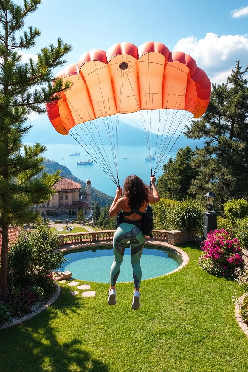very beautiful lady with beautiful sports pant and top and sports shoes with curvy hair with a parachute flying in a nice villa yard with trees flowers ,in country side in floor of beautiful mountains ,sea with ships ,water falls ,looking at camera