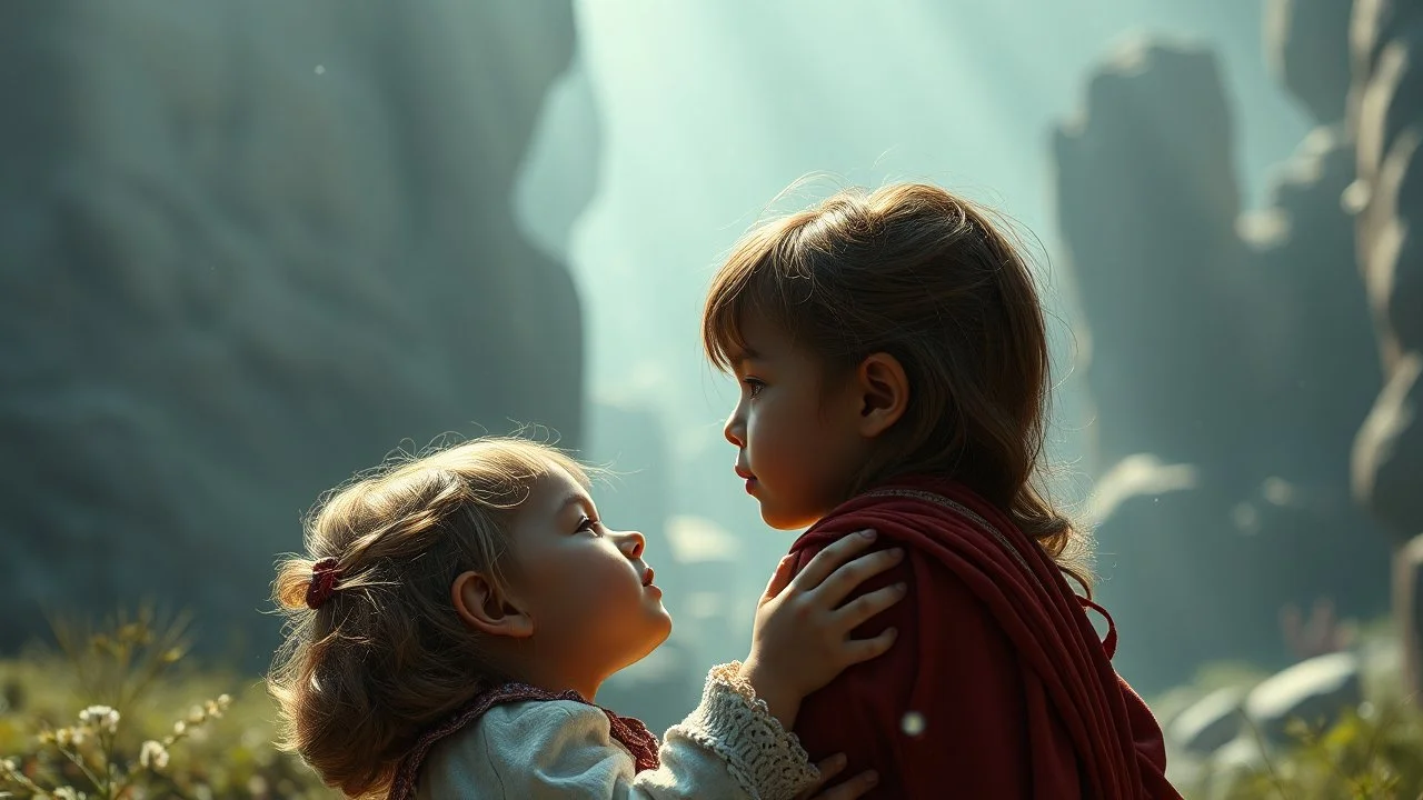 Beautiful "Brave New World", children, devotion, love, companionship, tenderness, exquisite composition, beauty, magic, fantasy, close foreground detail, beautiful intricate insanely detailed octane render, 16k artistic photography, photorealistic concept art, soft natural volumetric cinematic perfect light, chiaroscuro, award-winning photograph, masterpiece