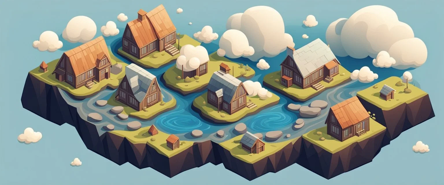 isometric game iceland landscape with houses and clouds