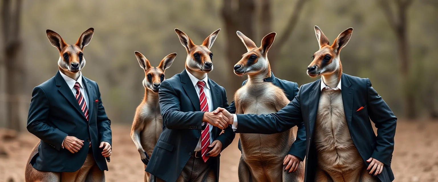 kangaroos in suits shaking hands looking cool