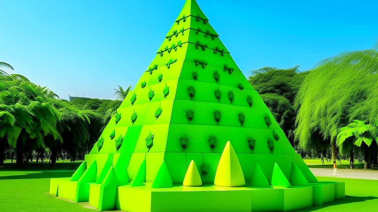 A lime green pyramid with spiders designed in Moai statues painted by Antoni Gaudi
