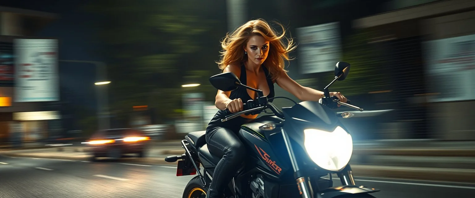 master oil painting by Rembrandt, good afternoon bitch scary hot seductive female riding sports bike with motion blur and smeared lights in the night, stylistic poster, in the style of total recall