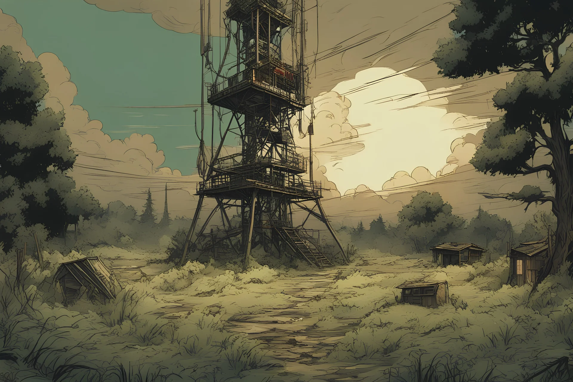 radio tower, overgrown apocalyptic, background, comic book, cabin,, cinematic