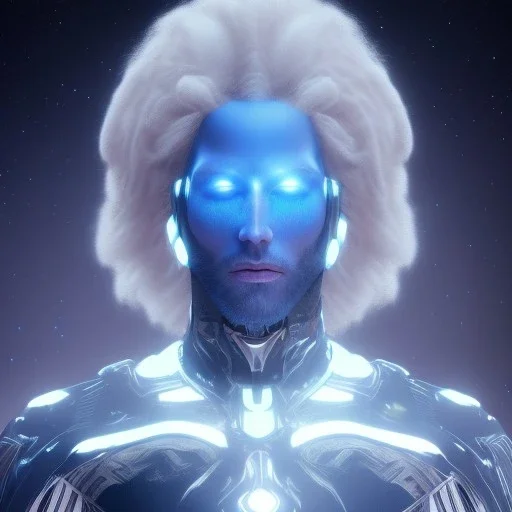 Full body ,Beautiful cosmic man, blue eyes, long blond hair, cosmic suit, galactic backdrop, soft lighting, hyper realistic, unreal engine 5, 16k