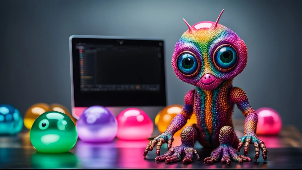 A middle size, jelly-like fatt body colorful pastel patterned skin, big eyes alien creature tanding a floor, full body, high detailed, high textured, sharp focus, deep colors, Professional photography, bokeh, natural lighting, canon lens, shot on dslr 64 megapixels , blur background with neon light, office