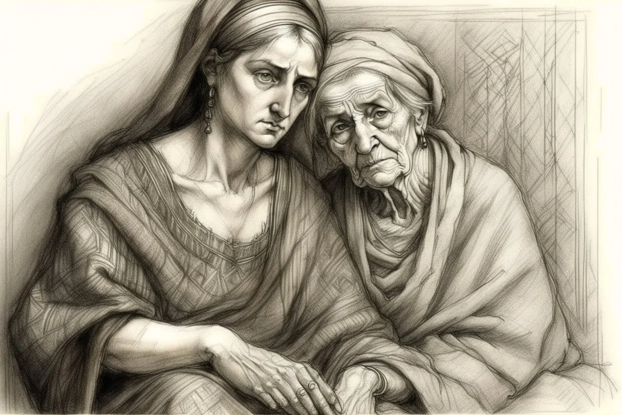 A beautiful old woman from the Grecia Imperio nursing her beautiful son Graphite and charcoal and ink, pencil sketch, High Renaissance paintin