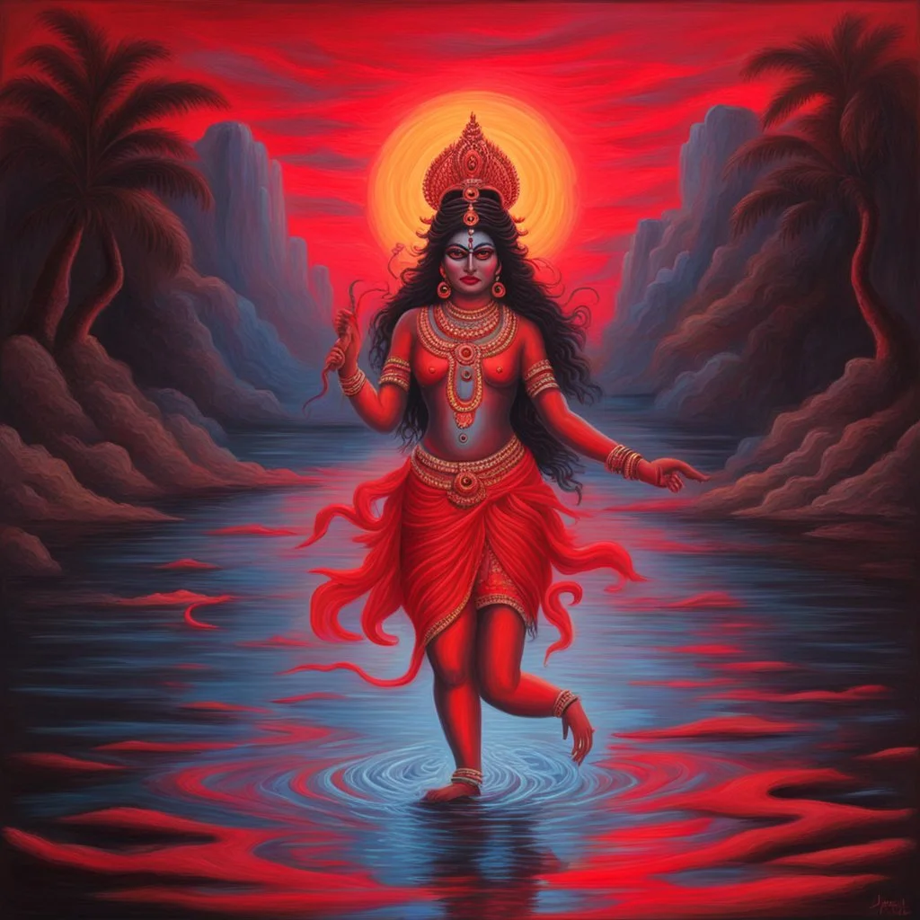 An oil painting of goddess Kali crossing a lake neon red colors