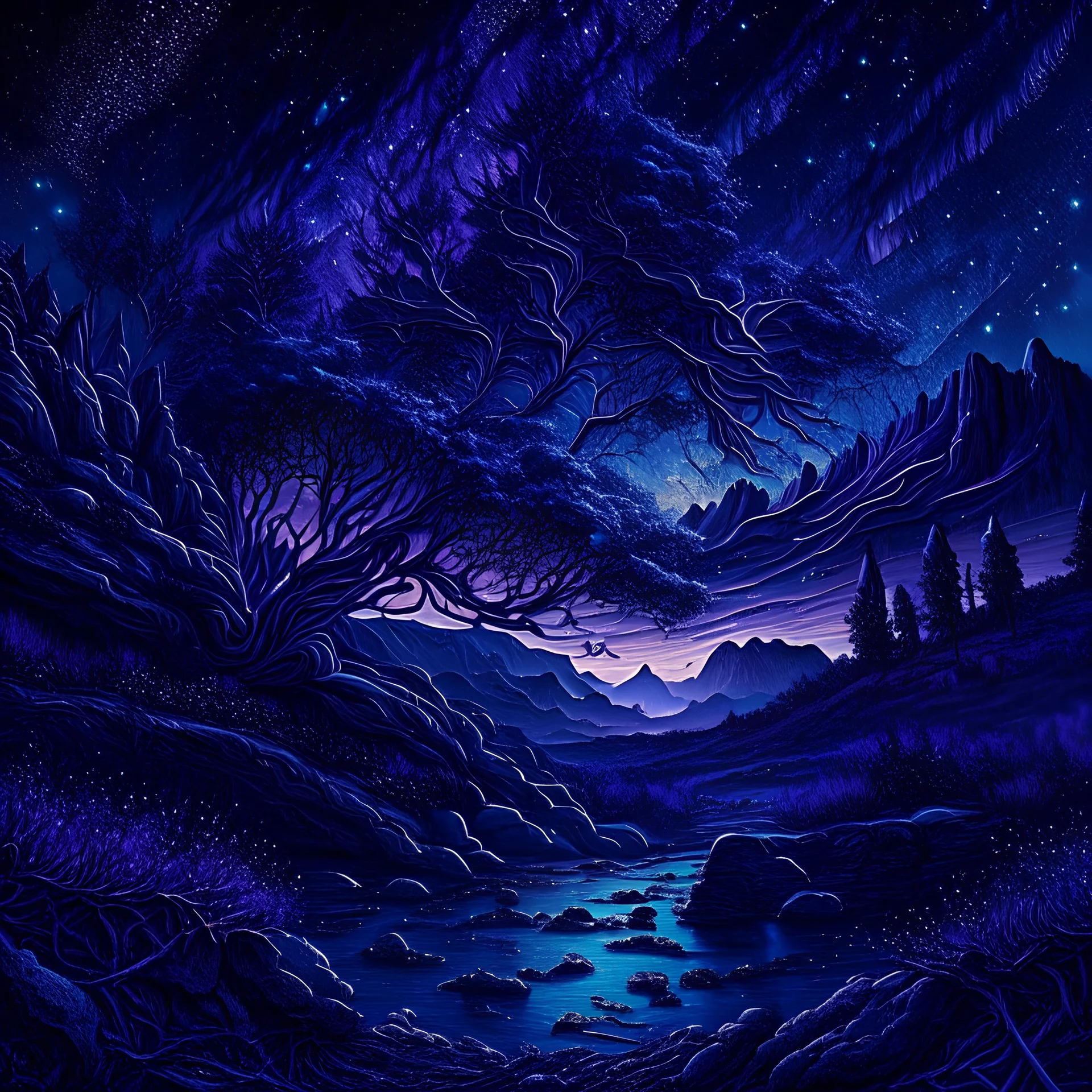 landscape, epic, intricate details, high detail, stars , deep blue and purple