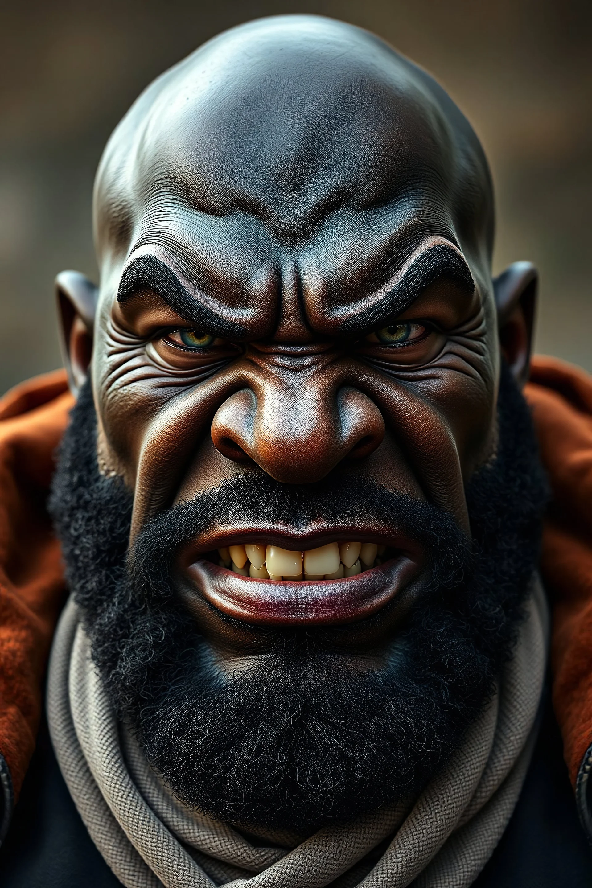 A real man. huge bald black man with a big nose with angry face