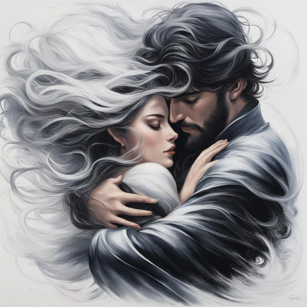 a painting of a man and a woman embracing each other. The man is holding the woman close to him, and the woman has her arms wrapped around his neck. The man has dark hair, and the woman has long, flowing white hair. The background is a swirling mass of white and black.