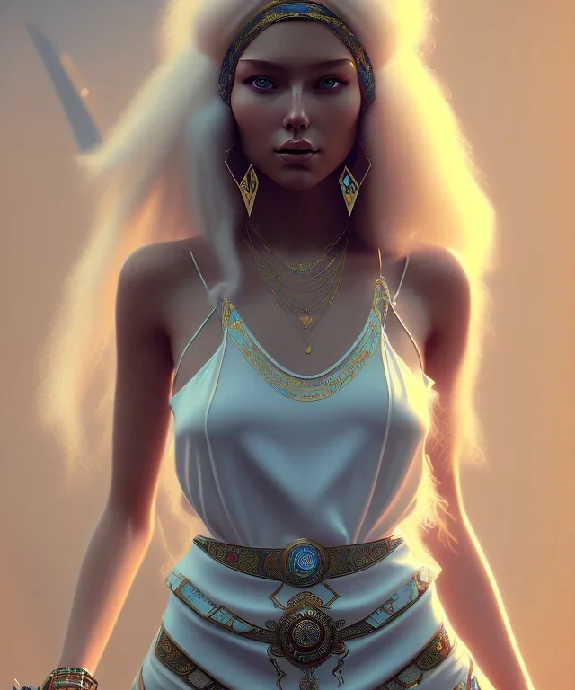 Gipsy, beautiful, curvy body, white fabric dress, beautiful long hair, bandana, long earings, head and shoulders portrait, holding tarot card, 8k resolution concept art portrait by Greg Rutkowski, Unreal Engine 5 volumetric lighting