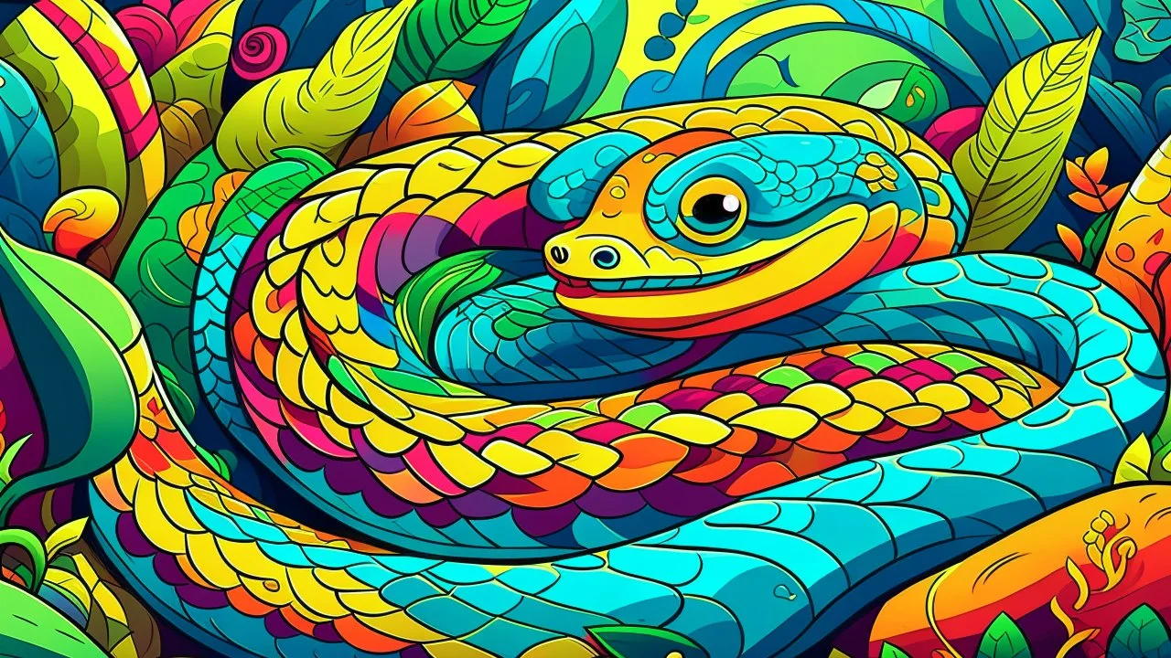 fantasy cartoon style illustration: vibrant scales from a sleepy snake