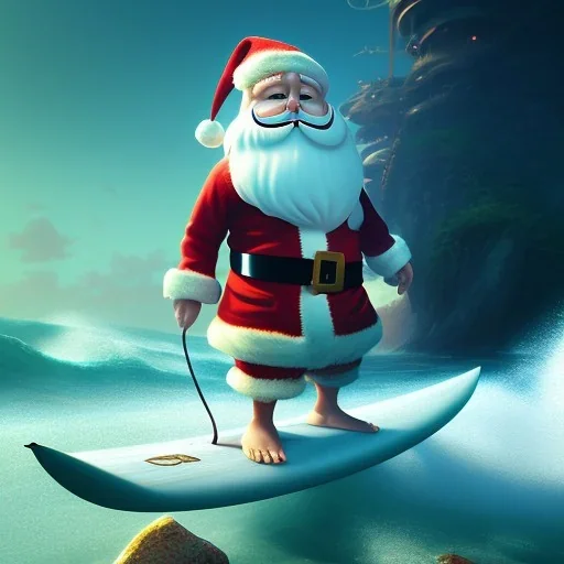 Santa standing of surfboard surfing a big wave, surfboard, beach, character design by cory loftis, fenghua zhong, ryohei hase, ismail inceoglu and ruan jia. unreal engine 5, artistic lighting, highly detailed, photorealistic, fantasy