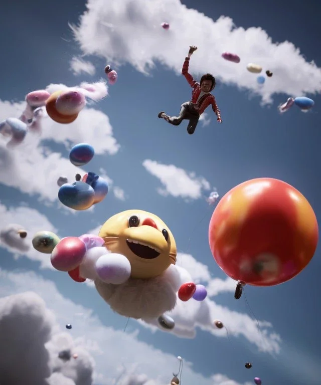 Ultra realistic speed clouds sky scene, wide angle view, strong men falling down with many Childs background, circus clothing style, feather color clothing, free jumping flying, many trinkets, hair monster, many jelly beans, balls, color smoke, smile, happy, extreme, wind, clouds sea, 20,000 feet altitude, stratosphere, soft color, highly detailed, unreal engine 5, ray tracing, RTX, lumen lighting, ultra detail, volumetric lighting, 3d, finely drawn, high definition, high resolution.