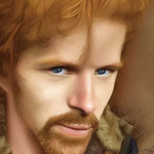 Portrait of Courtney Gains as a ruggedly handsome but joyful roguish pirate, charismatic, attractive male, masculine, perfect, precisely detailed, lightly freckled face, meticulously detailed multi-hued ginger carrot colored cherry fire red hair; Malachai of the corn; fantasy, intricate, elegant, highly detailed, digital painting, artstation, concept art, matte, sharp focus, illustration, art by artgerm and greg rutkowski and alphonse mucha