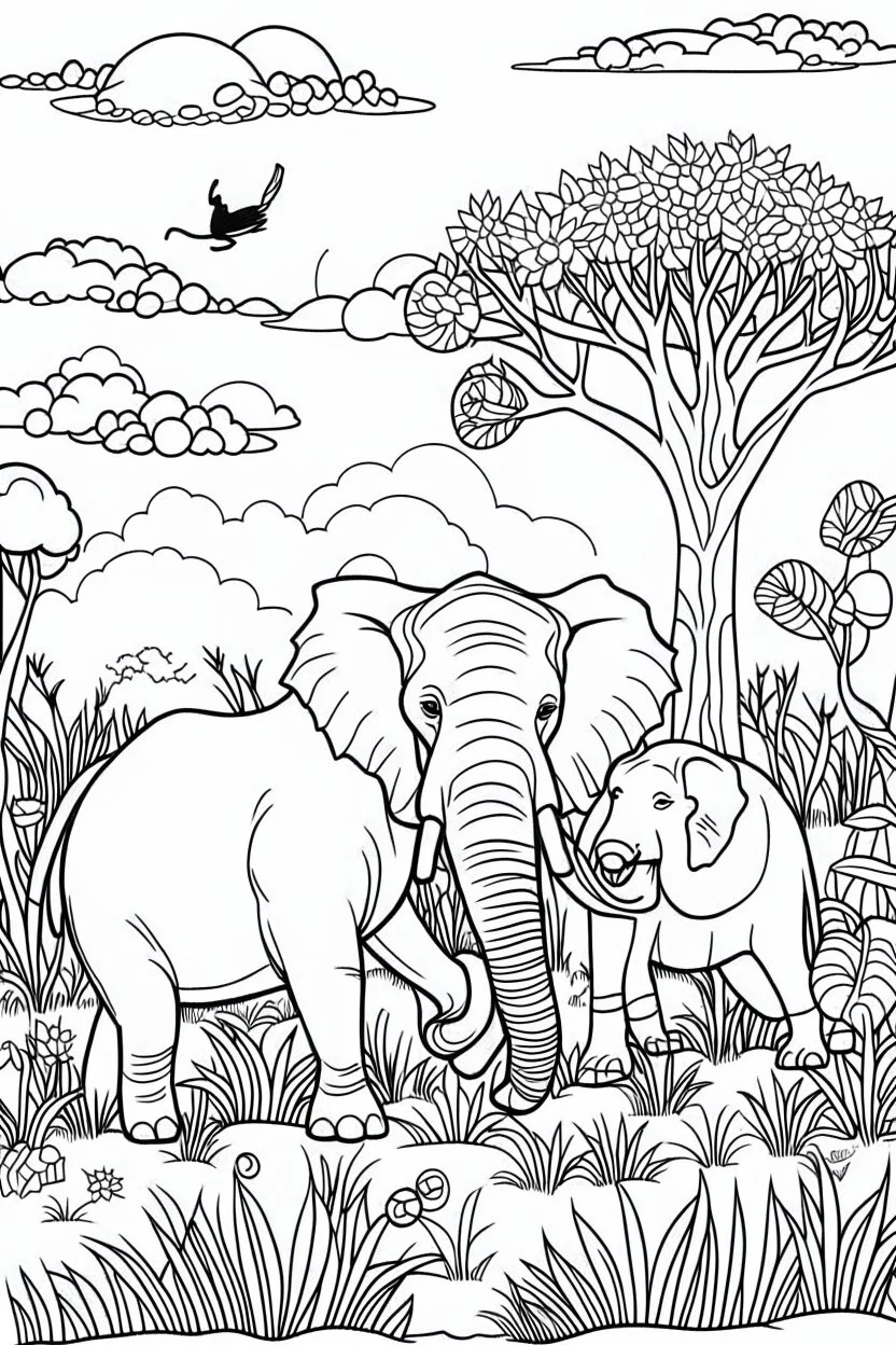 Feature a lion, elephant, and zebra in a savannah setting, with a few acacia trees, clean line art, white background, no shadows, black and white coloring book.