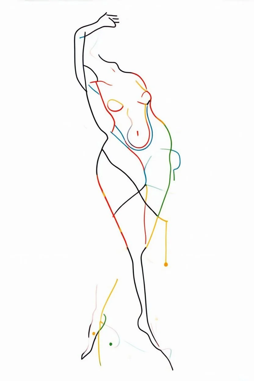 Reprezentare grafica minimal art a unei compozitii de arta moderna figurativa reprezentand cu multe detalii un nud , formalizata dupa modelul mixat a lui Dali cu Picasso în stilul combinat acuarelei moale a lui Joan Miro si cu filigran lineart minimal a lui Jean Cocteau cu Paleta de culori impresionista cu culori putine si tari. Fond alb si linii color subtiri si paralele cu umbre de hasuri