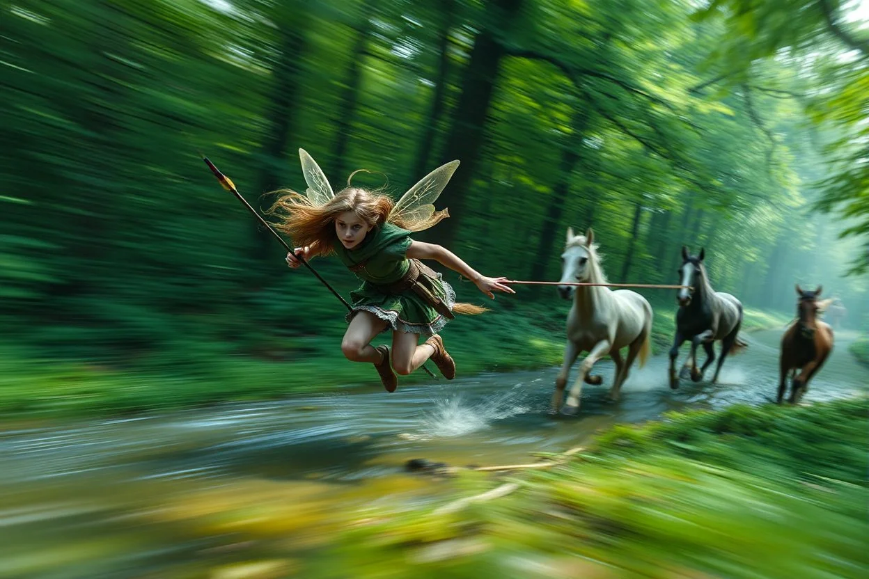 motion blur fast running caped long haired pixie Quickling - Forgotten Realms dodging arrows above water and along winding branches in lush green forest along speeding horses , bokeh like f/0.8, tilt-shift lens 8k, high detail, smooth render, down-light, unreal engine, prize winning