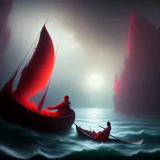 Charon in his boat on the river Styx, red black purple colours, 8k, high definition, fantasy art