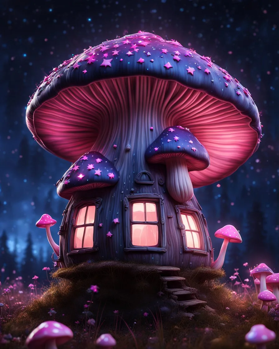 An illogically floating mushroom house on a clear night. white blue pink, Stars Dark cosmic interstellar. Detailed Matte Painting, deep color, fantastical, intricate detail, splash screen, hyperdetailed, insane depth, concept art, 8k resolution, trending on Artstation, Unreal Engine 5, color depth, backlit, splash art, dramatic, High Quality Whimsical Fun Imaginative Bubbly, perfect composition