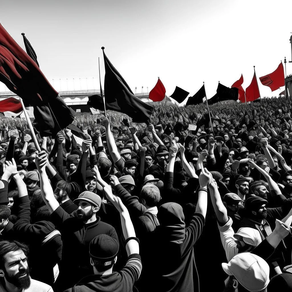 multitud marchando en un reclamo popular, ondean banderas rojas y banderas negras, hay dolor pero un fuerte sentido de lucha en la multitud, atmosfera epica, victoria del pueblo, reivindicación de derechos y justicia, paleta roja, negra y blanca